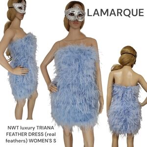 Lamarque Women Triana Ostrich Feather dress Baby blue strapless cocktail mini S